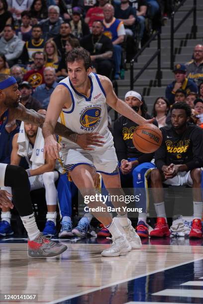 Nemanja Bjelica of the Golden State Warriors dribbles the ball during the game against the Denver Nuggets during Round 1 Game 3 of the 2022 NBA...