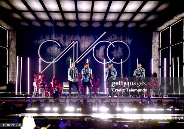 Show -- Pictured: Christopher Vélez, Richard Camacho, Zabdiel De Jesús and Erick Brian Colón of CNCO perform on stage during the 2022 Latin American...