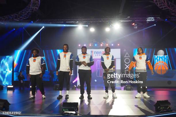 Knicks Gaming walks onto the stage during the 2022 NBA 2K Tip Off Tournament on April 21, 2022 at Pan Am Plaza in Indianapolis, Indiana. NOTE TO...