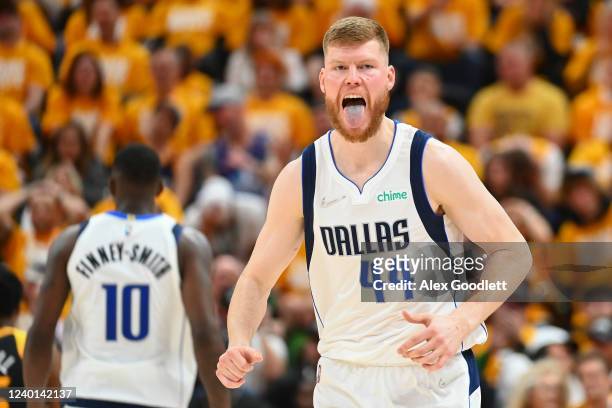 Davis Bertans of the Dallas Mavericks celebrates a three point basket during the second half of Game Three of the Western Conference First Round...