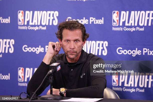 Head Coach Quin Snyder of the Utah Jazz talks to the media after Round 1 Game 3 of the NBA Playoffs on April 21, 2022 at vivint.SmartHome Arena in...