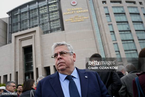 European Parliaments Turkey rapporteur Nacho Sánchez Amor stands in front of Istanbul courthouse as demonstrators including lawyers and opposition...