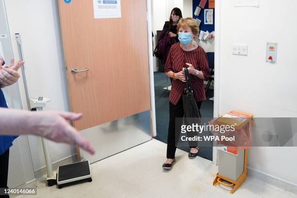 Margaret Keenan arrives to receive her spring Covid-19 booster shot at University Hospital Coventry on April 22, 2022 in Coventry, England. Mrs...