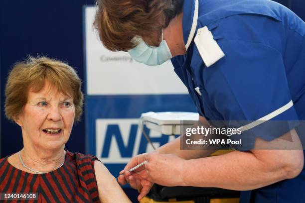 Margaret Keenan receives her spring Covid-19 booster shot at University Hospital Coventry on April 22, 2022 in Coventry, England. Mrs Keenan, known...