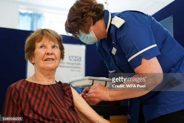 Margaret Keenan receives her spring Covid-19 booster shot at University Hospital Coventry on April 22, 2022 in Coventry, England. Mrs Keenan, known...