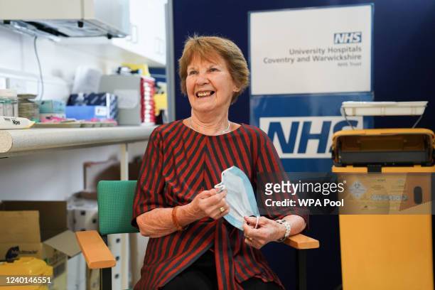 Margaret Keenan arrives to receive her spring Covid-19 booster shot at University Hospital Coventry on April 22, 2022 in Coventry, England. Mrs...