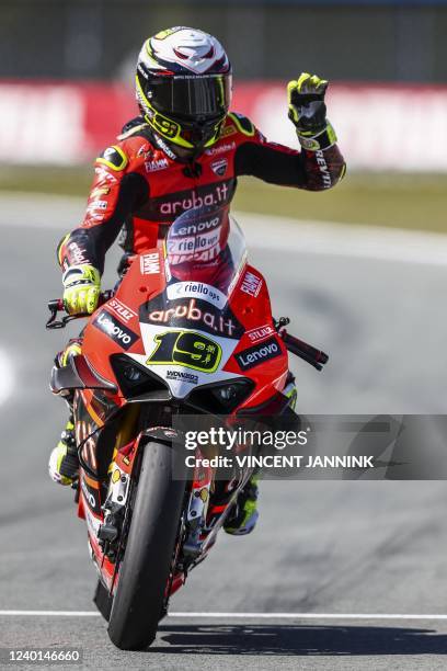 Ducati's Spanish rider Alvaro Bautista rides during free practice session for the World Superbike Championship at TT Circuit Assen in Assen on April...