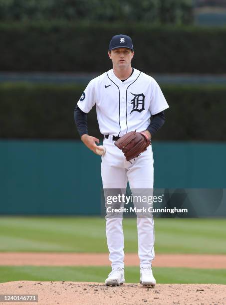 Casey Mize of the Detroit Tigers looks on from the pitchers mound during the game against the Chicago White Sox at Comerica Park on April 9, 2022 in...