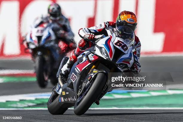 Dutch rider Michael van der Mark rides during free practice session for the World Superbike Championship at TT Circuit Assen in Assen on April 22,...