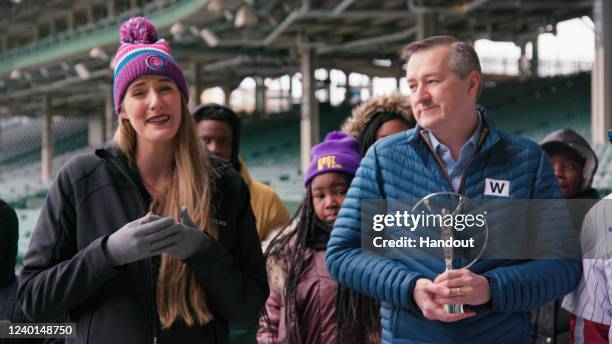 In this handout screengrab released on April 24, Laureus Academy Member Missy Franklin and Thomas S. Ricketts, Chairman of the Board of Directors of...