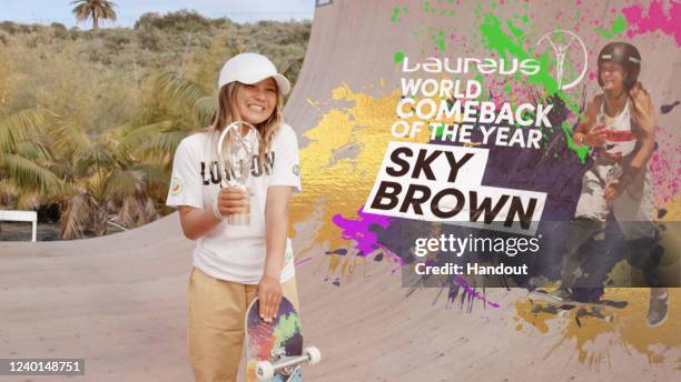 In this handout screengrab released on April 24,Skater Sky Brown excepts her award for Laureus World Comeback of the Year during the Laureus World...