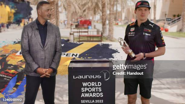 In this handout screengrab released on April 24, F1 Driver Max Verstappen for Oracle Red Bull Racing excepts the award for Laureus World Sportsman of...