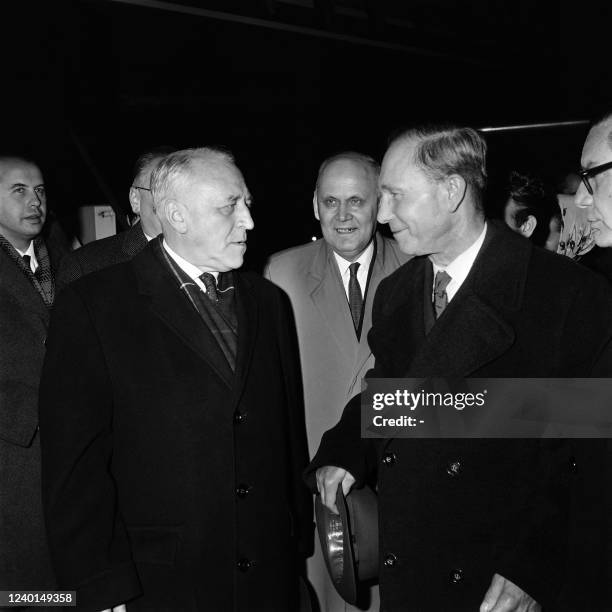 Permanent delegate Soviet Union at the United Nations Security Council, Valerian Zorin greets Soviet deputy Foreign Minister Vasily Kuznetsov on his...