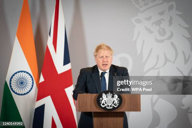 Britain's Prime Minister Boris Johnson speaks at a press conference on April 22, 2022 in New Delhi, India. During his two-day visit to India, Boris...