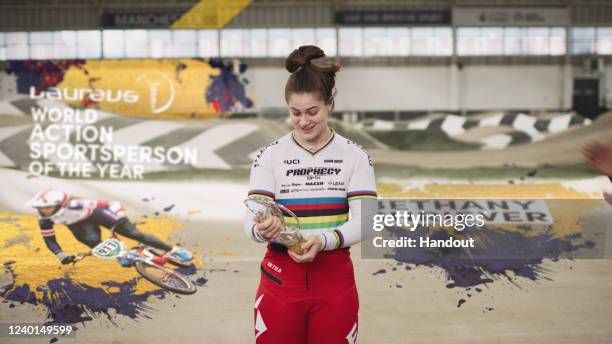 In this handout screengrab released on April 24, Cyclist Bethany Shriever excepts the trophy for the Laureus World Action Sportsperson of the Year...