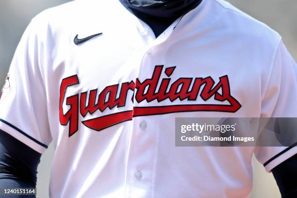 Closeup of the Cleveland Guardians logo on the jersey of Oscar Mercado during the second inning of game one of a doubleheader against the Chicago...