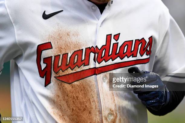 Closeup of the Cleveland Guardians logo on the jersey of Myles Straw during the third inning of game two of a doubleheader against the Chicago White...