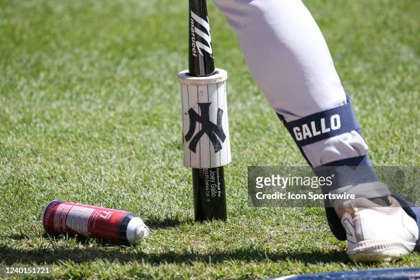 General view of New York Yankees left fielder Joey Gallos bat with the New York Yankee logo weight is seen during a regular season Major League...