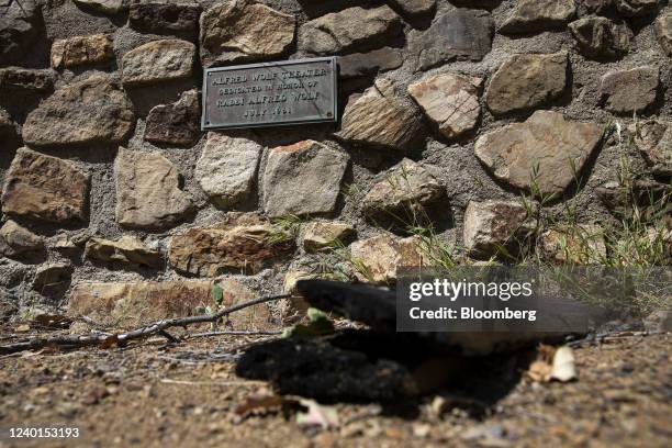 Plaque at Camp Hess Kramer that burned down during the 2018 Woolsey Fire in Malibu, California, U.S., on Wednesday, April 2022. The climate-driven...