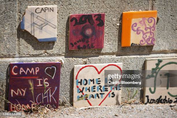 Tiles at Camp Hess Kramer, much of which burned down during the 2018 Woolsey Fire in Malibu, California, U.S., on Wednesday, April 2022. The...
