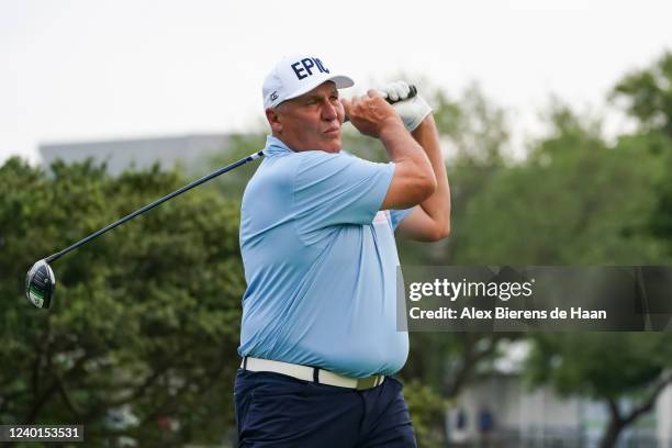 Mark Rypien plays his shot from the second hole tee during round one of the ClubCorp Classic at Las Colinas Country Club on April 22, 2022 in Irving,...