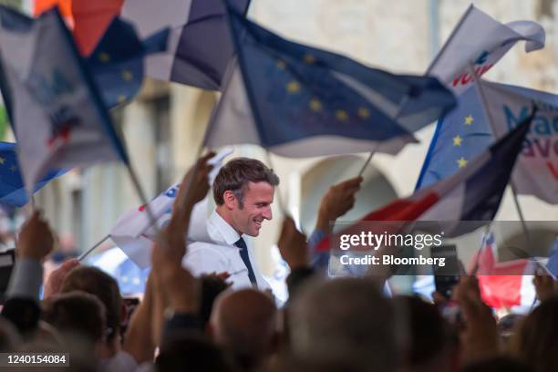 Emmanuel Macron, France's president, speaks to supporters during his final campaign speech in Figeac, France, on Friday, April 22, 2022. Macron is...