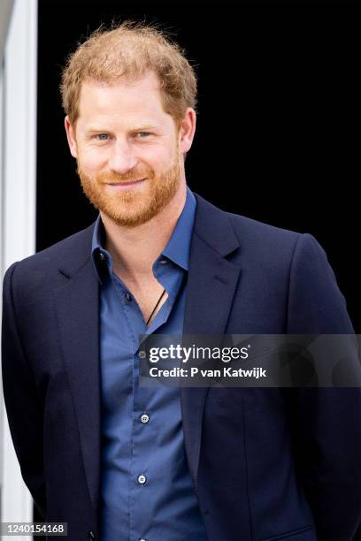 Prince Harry, Duke of Sussex visit the finals of wheelchair basketball during the Invictus Games at Zuiderpark on April 22, 2022 in The Hague,...