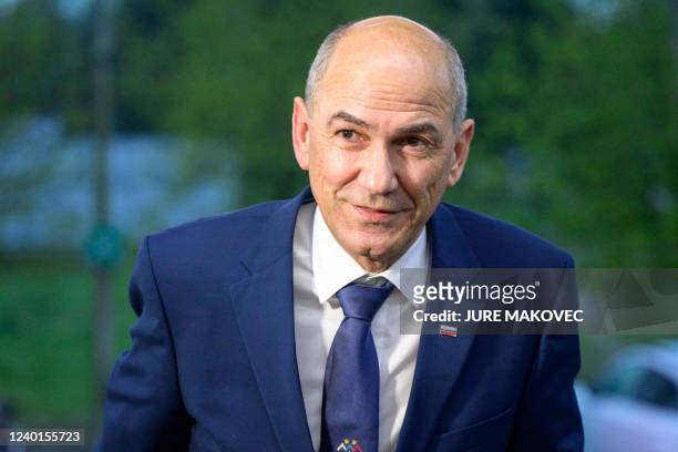 Slovenia's Prime Minister Janez Jansa arrives for the final TV debate in Ljubljana on April 22 ahead of Slovenia's Parliamentary election which will...