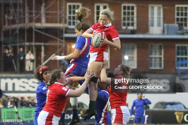 Wales' flanker Alisha Butchers wins line-out ball during the Six Nations international women's rugby union match between Wales and France at Cardiff...