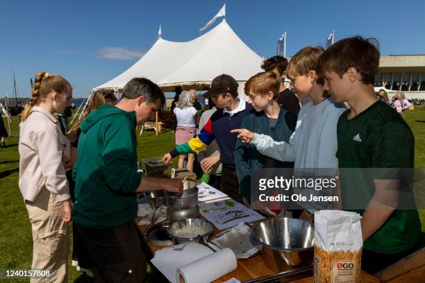 School children from a 7th grade school seen during the first day of the Research Week 2022 at The Viking Ship Museum on April 22, 2022 in Roskilde,...