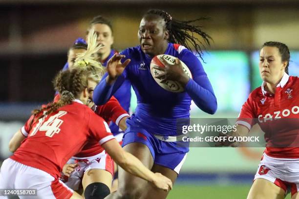 France's lock Madoussou Fall makes a break during the Six Nations international women's rugby union match between Wales and France at Cardiff Arms...