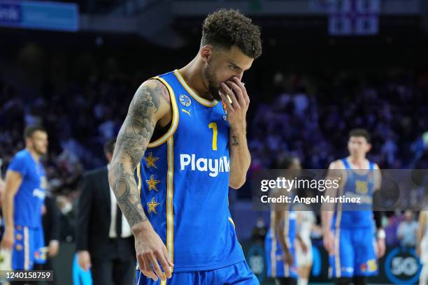 Scottie Wilbekin, #1 of Maccabi Playtika Tel Aviv looks dejected after the Turkish Airlines EuroLeague Play Off Game 2 match between Real Madrid and...