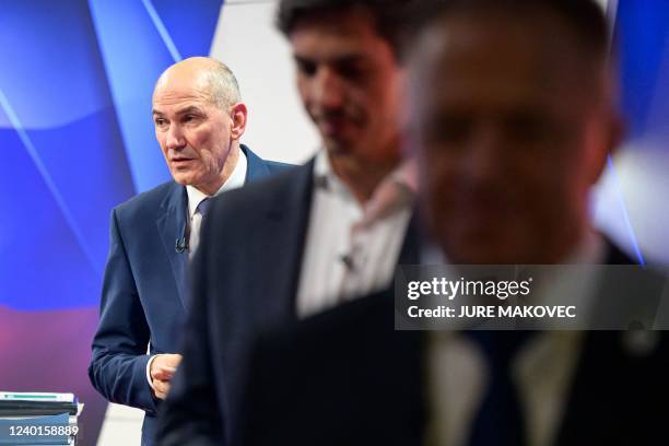 Slovenias Prime Minister Janez Jansa attends the final TV debate in Ljubljana on April 22 ahead of Slovenias Parliamentary election which will take...