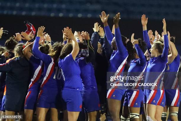 France players celebrate their win on the pitch after the Six Nations international women's rugby union match between Wales and France at Cardiff...