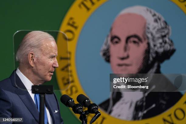 President Joe Biden speaks on Earth Day at Green River College in Auburn, Washington, U.S., on Friday, April 22, 2022. Biden signed an Earth Day...