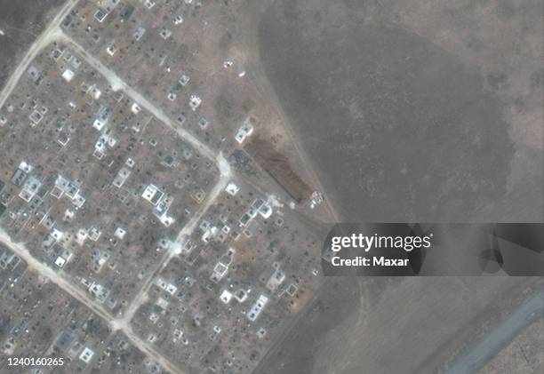 Maxar satellite imagery of another mass grave site expansion just outside of Vynohradne, Ukraine -- just east of Mariupol. Sequence -- 4 of 4 images....