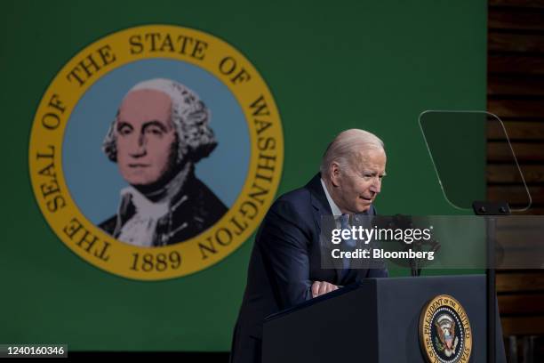 President Joe Biden speaks on Earth Day at Green River College in Auburn, Washington, U.S., on Friday, April 22, 2022. Biden signed an Earth Day...