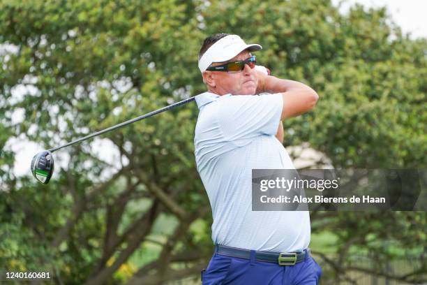 Robert Allenby plays his shot from the second hole tee during round one of the ClubCorp Classic at Las Colinas Country Club on April 22, 2022 in...