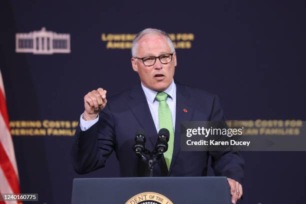 Washington state Governor Jay Inslee speaks prior to U.S. President Joe Biden's appearance at Green River College on April 22, 2022 in Auburn,...