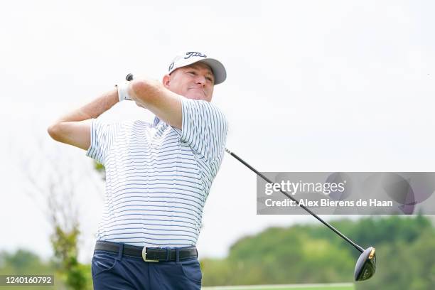 Steve Flesch plays his shot from the ninth hole tee during round one of the ClubCorp Classic at Las Colinas Country Club on April 22, 2022 in Irving,...