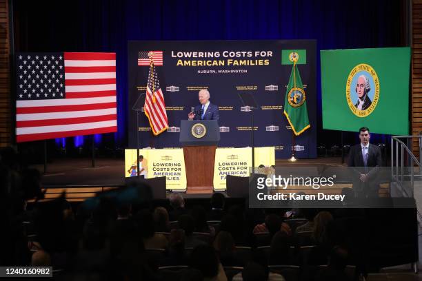 President Joe Biden speaks about the high cost of prescription drugs and child care at Green River College on April 22, 2022 in Auburn, Washington....