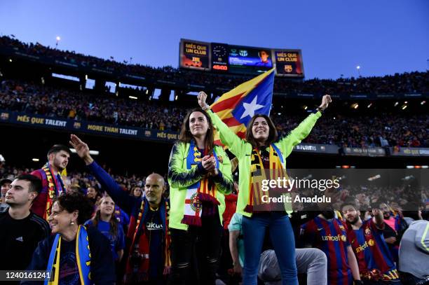Barcelonaâs supporters cheers his team during the UEFA Women's Champions League Semi Final First Leg match between FC Barcelona and VfL Wolfsburg at...