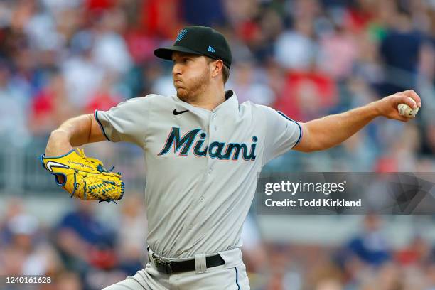 Trevor Rogers of the Miami Marlins pitches during the first inning of an MLB game against the Atlanta Braves at Truist Park on April 22, 2022 in...