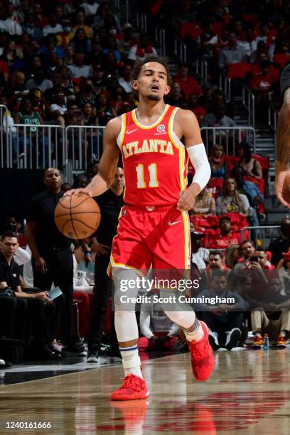 Trae Young of the Atlanta Hawks dribbles the ball during the game against the Miami Heat during Round 1 Game 3 of the NBA Playoffs on April 22, 2022...