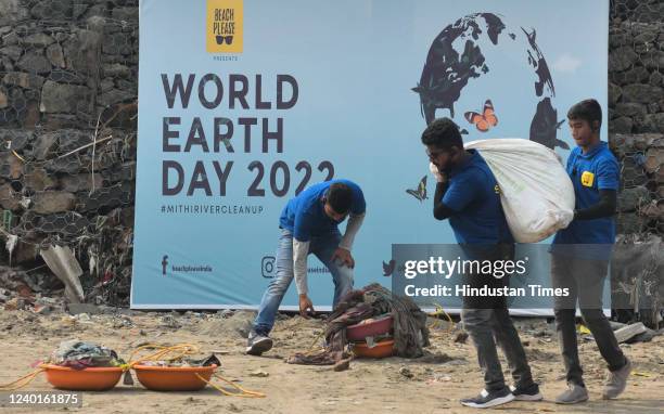 Volunteers clean Mahim Beach on the occasion of World Earth Day on April 22, 2022 in Mumbai, India.