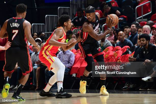 Jimmy Butler of the Miami Heat dribbles the ball against the Atlanta Hawks during Round 1 Game 3 of the NBA Playoffs on April 22, 2022 at State Farm...