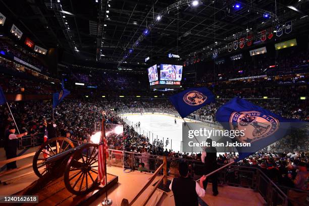 The cannon goes off after Jack Roslovic of the Columbus Blue Jackets scores a goal against the Ottawa Senators during the first period at Nationwide...