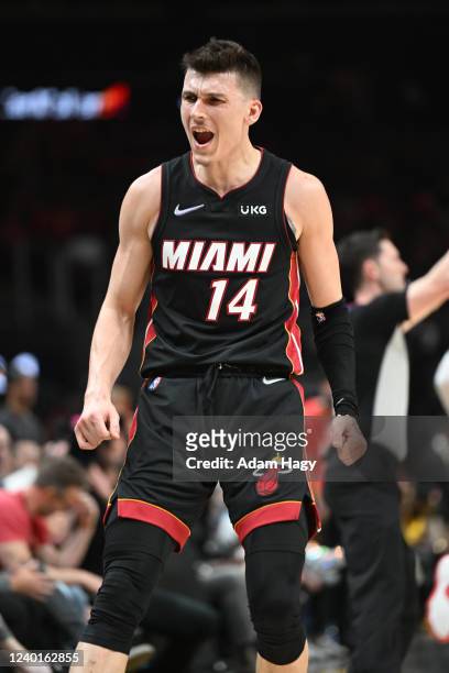 Tyler Herro of the Miami Heat celebrates during Round 1 Game 3 of the 2022 NBA Playoffs against the Atlanta Hawks on April 22, 2022 at State Farm...