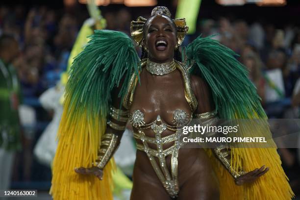 Samba Queen and pop singer Iza of Imperatriz Leopoldinense samba school performs during the first night of carnival parades at the Marques de Sapucai...