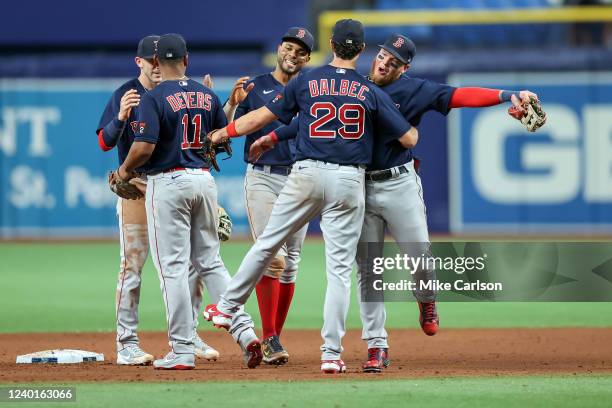 Members of the Boston Red Sox celebrate a win over the Tampa Bay Rays during a baseball game at Tropicana Field on April 22, 2022 in St. Petersburg,...